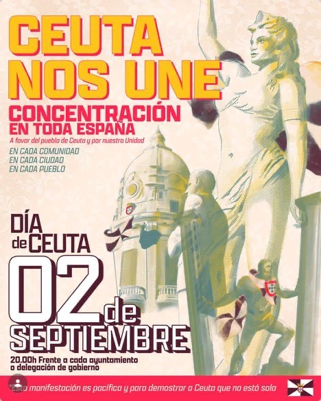 Cartel oficial: Ceuta nos une. Concentración en toda España el 2 de septiembre a las 20:00 h, frente a cada ayuntamiento o Delegación del Gobierno.